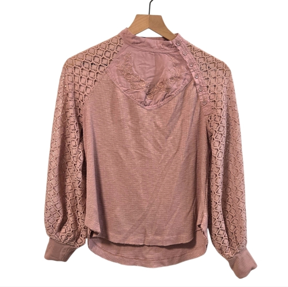 Free People Sweetest Thing Pink Crochet Lace Thermal Romantic Cottagecore XS - Picture 2 of 10
